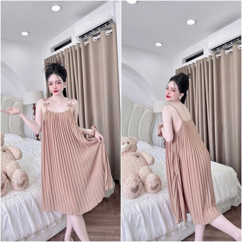 Product Introduction of Váy ngủ xếp ly bigsize 2dây đính nơ dễ thương bầu bí bon chen thoải mái chất chiffon có lót cầm nặng tay size 40-70kg 6