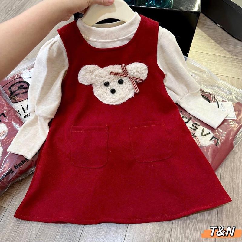 [ 10 - 20kg ] set váy Nhung 2 chi tiết kèm áo lông thỏ gấu đính nơ Hồng 5