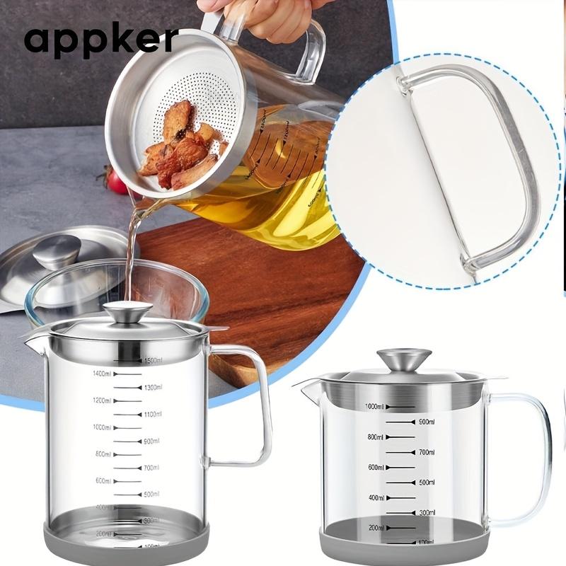 APPKER 1pc 33.8/50.72oz Glass Oil Filter Pot with Frying Basket, Large Capacity Multifunctional Oil Strainer Vessel Tank, Transparent Measurement Markings, Durable & Easy-to-Clean for Kitchen Cooking & Storage,  Utensils 1000Ml 3