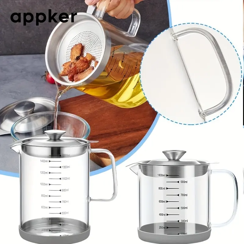 APPKER 1pc 33.8/50.72oz Glass Oil Filter Pot with Frying Basket, Large Capacity Multifunctional Oil Strainer Vessel Tank, Transparent Measurement Markings, Durable & Easy-to-Clean for Kitchen Cooking & Storage,  Utensils 1000Ml 3