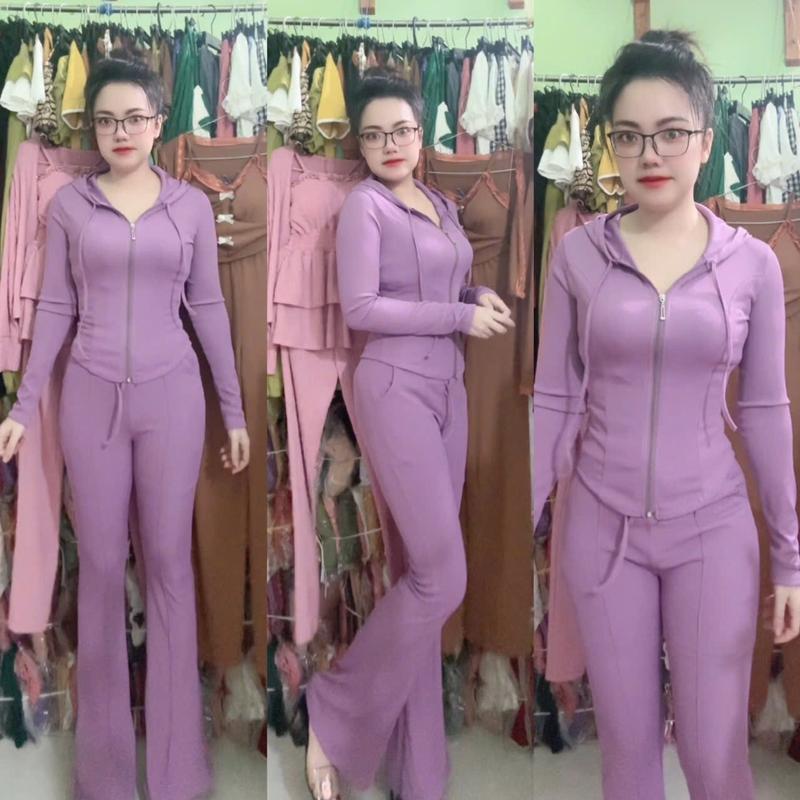  Ma 138 sét bộ TĂM LẠNH ÁO KHOÁT CÓ NÓN quần dài ống loe Nữ   k kèm áo trong  