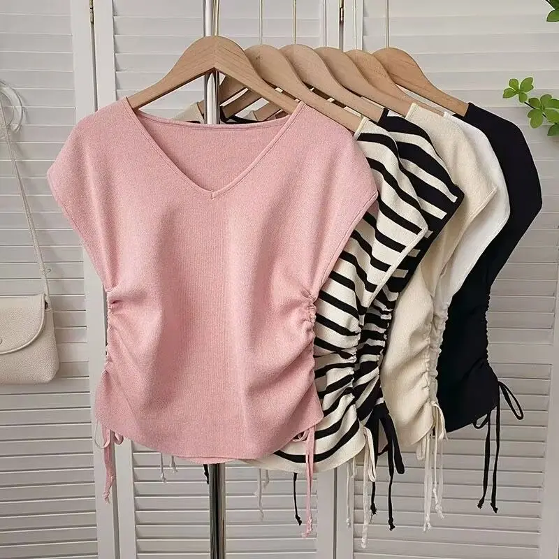 Áo Vest Ngọt Ngào Dành Cho Nữ, Hàng Mới Về, Áo Thun Không Tay Phong Cách Cổ Điển Áo Thun Dệt Kim ngắn Tay Thích Hợp Cho Mùa Hè Top Women Sọc Kẻ Đen