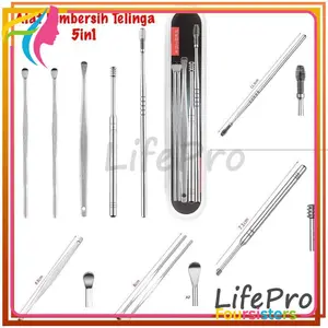 [FS] Lifepro alat pembersih telinga 5in1 stainless alat korek kuping ear wax remove Alat Pembersih Kotoran Telinga Set 5in1 Stainless Steel Earpick Perlengkapan Perawatan Kebersihan Indra Pendengaran Ear Wax Remove Silver