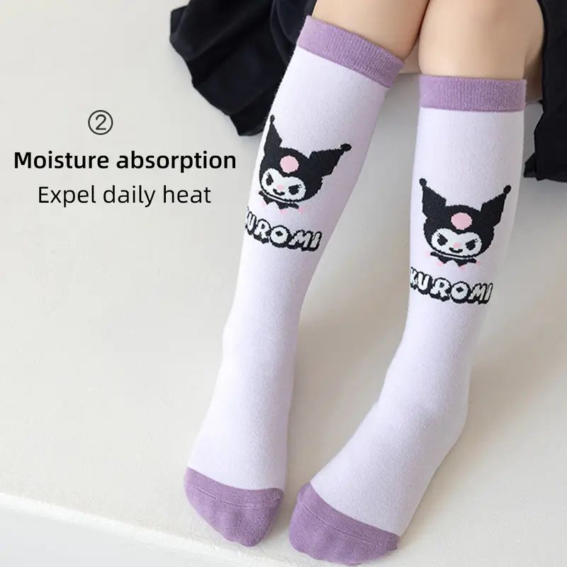 Vớ Cotton Nguyên Chất, Thiết Kế Anime Kuromi Kawaii, Dành Cho Trẻ Em, Vớ Dài Trung Bình Cô Gái Hoạt Hình Dễ Thương, Vớ Bắp Chân Lưới Hình Thoi 1