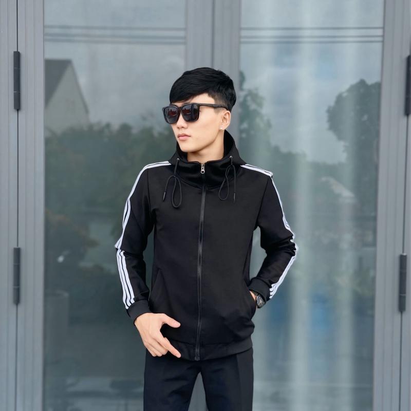 Áo Khoác Nam Màu Đen- Phối Ba Sọc Cao Cấp Hàng QC- Có Nón và Không Nón- Menswear Jacket Jean Nhung