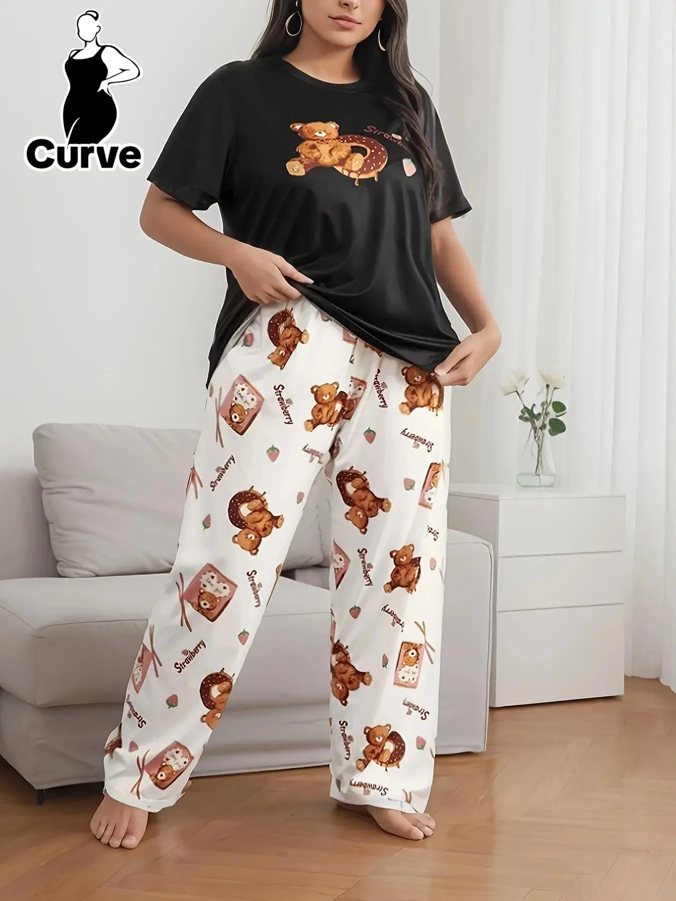 Plus Size Cartoon Bear Print Elastic Waist Pyjama Set, Casual Short Sleeve T-shirt & Strawberry Print Trousers Pj Set, Comfy Loungewear Set for Women, Step Mom Christmas Pajamas
