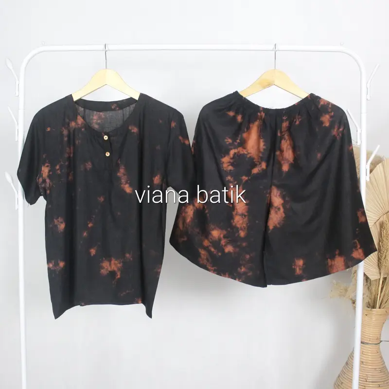 Setelan Baju Tidur Wanita Piyama Celana Pendek Motif Tie Dye Asap Bahan Rayon 0