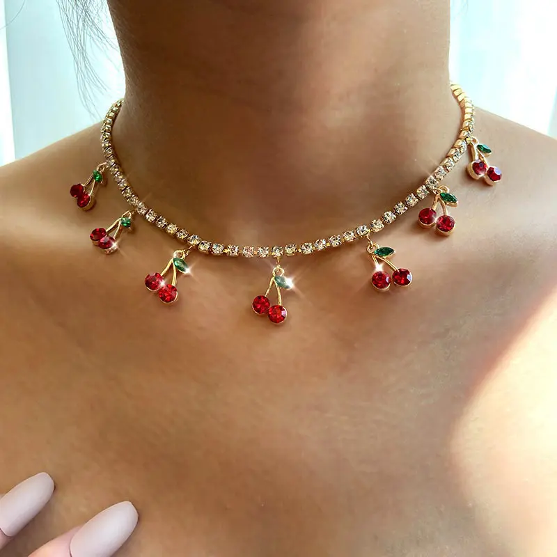 European and American Cross-Border New Style Red Cherry Chain with Rhinestones Fashionable Simple Claw Chain Full Rhinestone Fruit Personality Necklace