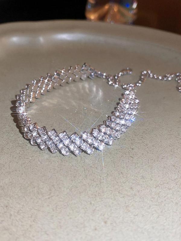 Rhombus Rhinestone Decor Tennis Link Bracelet, Fashionable Elastic Bracelet For Women For Party, Daily Clothing Decor For Girl 3