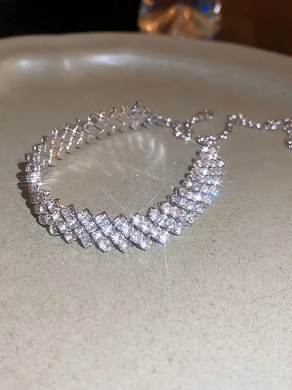 Rhombus Rhinestone Decor Tennis Link Bracelet, Fashionable Elastic Bracelet For Women For Party, Daily Clothing Decor For Girl 3