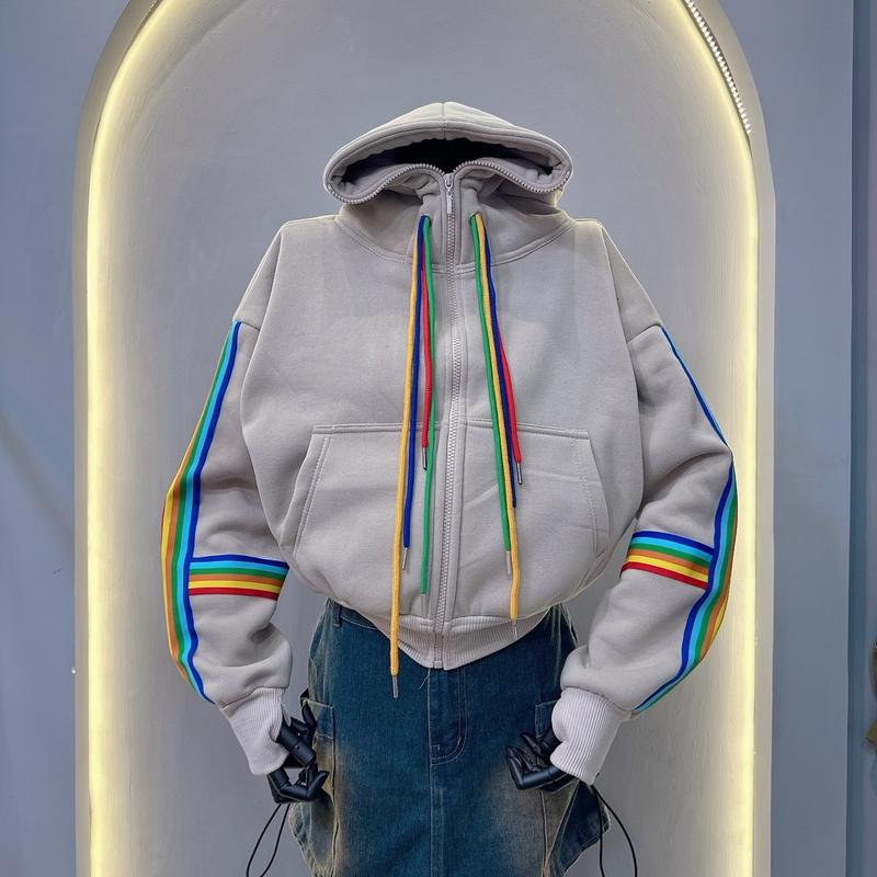 ÁO KHOÁC NỈ DỆT DÂY CẦU VỒNG 6 TÚI có kéo khoá + bo thun xỏ ngón tay + nón siêu to + kéo khoá cao size từ 38kg-65kg Nữ Women Jacket Top Nhung zipper zipper