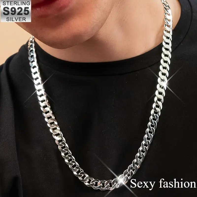 Stylish 925 pure silver flat Cuban chain necklace - 6mm wide - no inlaid silver plating, with sweater chain, suitable for daily wear by men and women, 925 silver color, fashionable simple elegance, bohemian style--wedding, party, Christmas