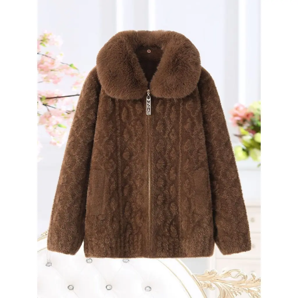 Áo khoác lông nữ cho bà già lớn tuổi  có cổ lông tháo rời hàng Quảng châu cao cấp Jacket Women