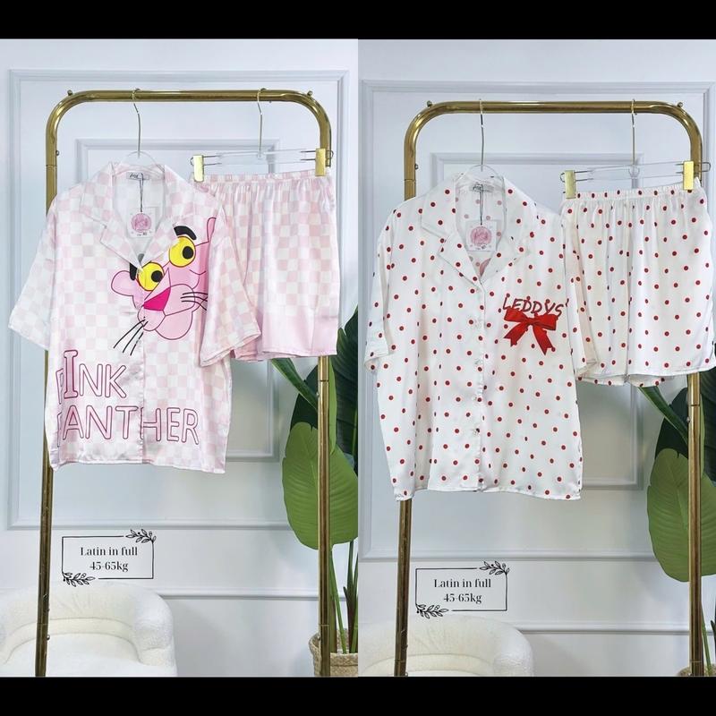 (Freesize 45-60kg) Bộ ngủ nữ pijama lụa latin quần đùi hoạ tiết cute do macnha Kem Nhung Áo 2