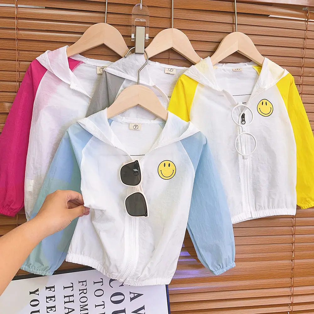 Jaket Pelindung Matahari Kanak-kanak, Rekaan Wajah Senyuman, Fesyen Baharu Musim Panas 2025, Gaya Korea, Untuk Perempuan, Lengan Panjang, Nipis, Bertudung, Perlindungan Matahari, HK, 2025