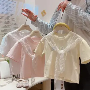 Baju Kaos Anak Perempuan Lengan Pendek Kerah Renda Putih Tiga Warna Putih Pink Kuning Musim Panas Manis