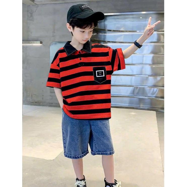 Áo polo hè cho bé trai 4-14 tuổi , áo cộc tay bé trai 14-45 kg ,áo có cổ  chất cotton mẫu KẺ BOTE phong cách dễ thương dịu dàng thấm hút mồ hôi . 3