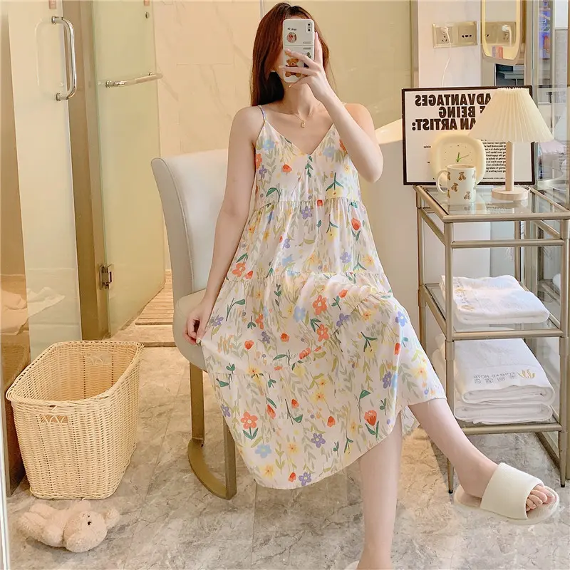 Summer 2024 New Suspender Nightdress Women's Pure Desire Style Thin Poplin Pajamas Home Wear Sweet for Outer Wear Artificial Cotton Midi Dress