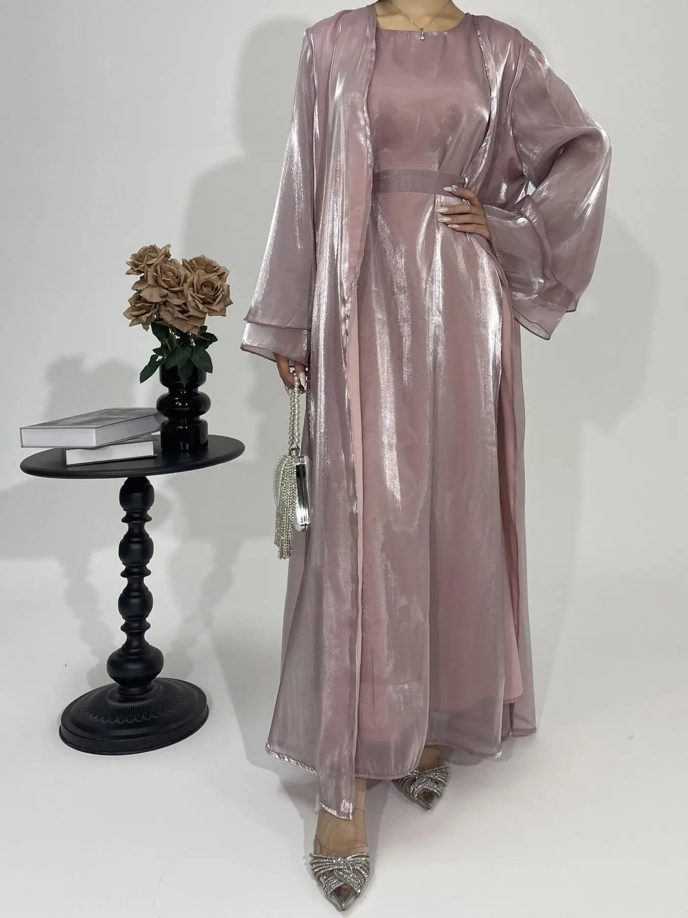Women's Solid Color Organza Abaya Dress with Belt, Modest Long Sleeve Open Front Outerwear & Dress Set, Muslim Clothing for Daily Wear, Dresses for Women