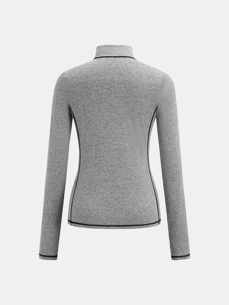 Product Introduction of YOZY Women's Solid Contrast Binding Zip Up Thumb Hole Design Sports Tee, Casual Long Sleeve Stand Collar T-shirt for Outdoor Running, Ladies Sportswear for All Seasons 3