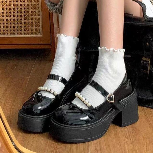   FORM TO CHÂN GÀY MỎNG LÙI 1 SIZE  Giày Mary Jane Búp Bê Lolita Nữ Phối Nơ Ngọc Cài Quai Da Bóng Cao Cấp 23 