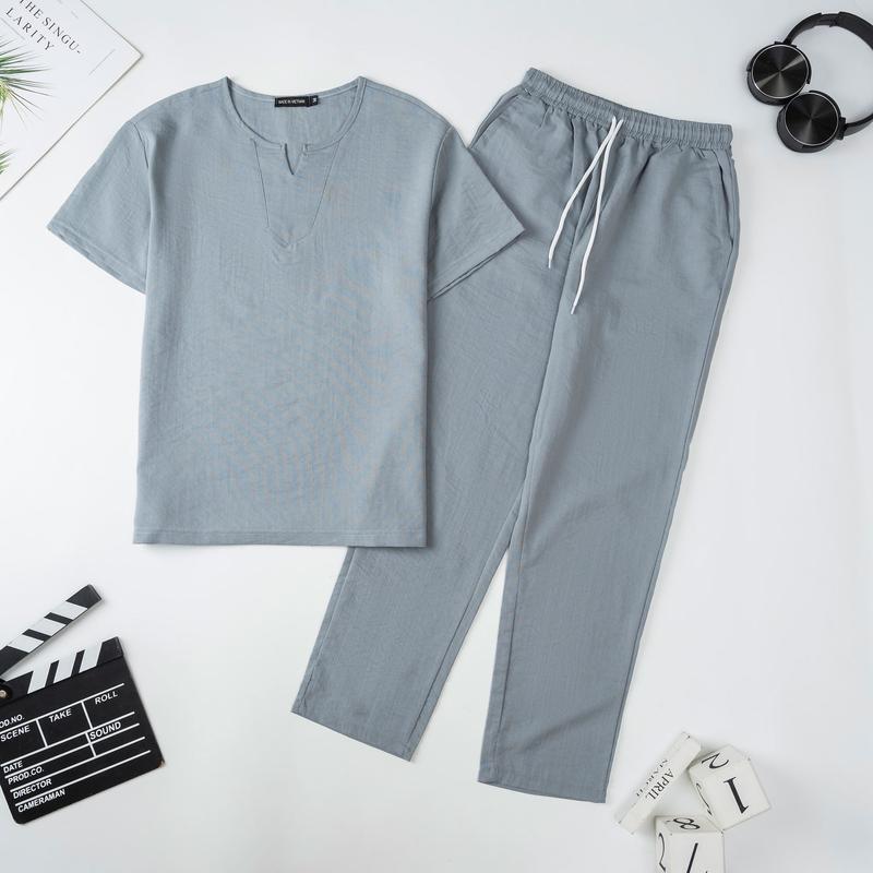  Bộ Quần Áo Đũi Nam Áo Cổ Viền Tay Ngắn Quần Dài Vải Đũi Mềm Mịn Mát Thấm Hút Mồ Tốt Màu Sắc Thanh Lịch Menswear 