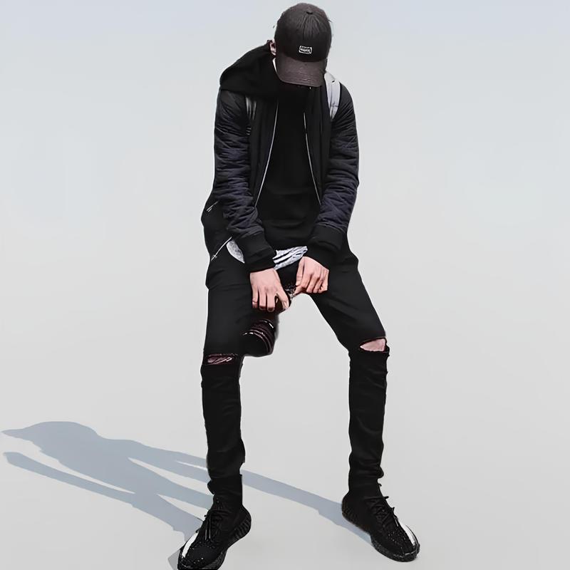 Quần jean dài nam màu đen kiểu rách gối nhỏ form skinny chất liệu bò co dãn QD50 mẫu mới Menswear Pants Có Túi