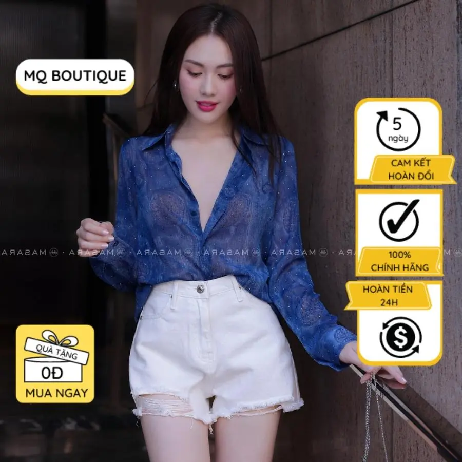 Áo tơ đính đá xanh đậm dài tay sơ mi nữ họa tiết thiết kế sang trọng lịch sự cao cấp, áo sơmi thiết kế MQ Boutique