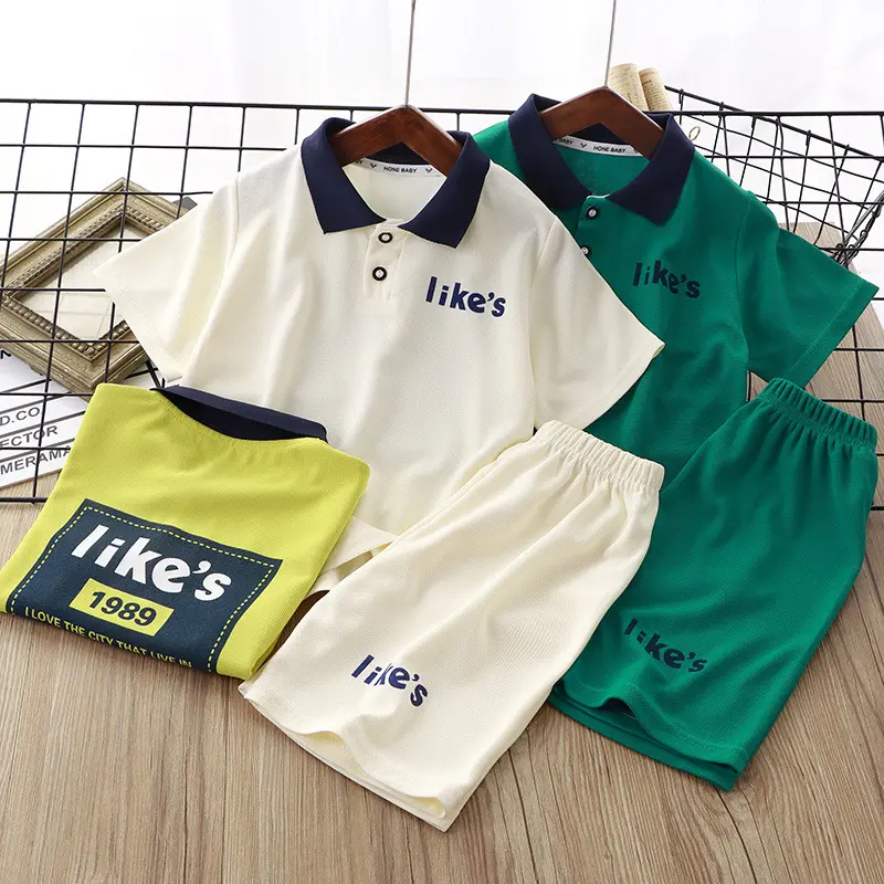 Children's New Waffle Short-Sleeved Polo Shirt Suit Boys and Girls Casual Suit Children's Clothing