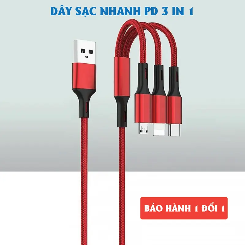 Cáp Sạc Nhanh 3 Đầu 100W - (Dài 1.2m). Dây Sạc 3 Trong 1 Chống Đứt, Chống Rối - Cáp sạc 3 in 1, Củ sạc nhanh 65W 1