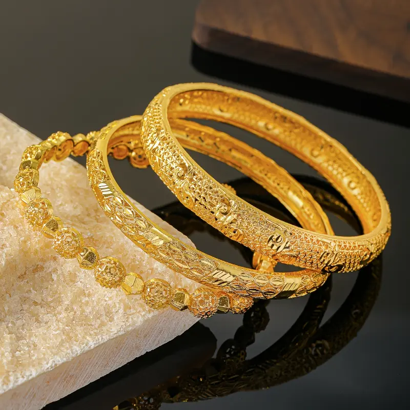 3pcs set of Middle East Dubai jewelry for brides, luxurious national style Golden-plated bracelets, African Ethiopian Women's wedding bracelet sets suitable daily wear by women, all-season accessories mother's day gift 2