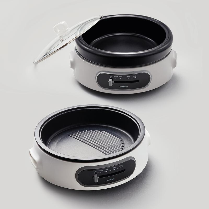  Nồi điện đa năng LocknLock  EJP544WHT 220-240V 50 60Hz 1300-1500W 4L - Màu trắng có nồi lẩu và vỉ nướng nắp thủy tinh 