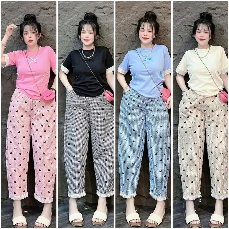 SÉT BỘ NỮ BIGSIZE DÀI CARO NƠ VIỀN QUẦN FROM BAGGY PHỐI ÁO NƠ ĐÍNH NHỎ MỚI Women Áo