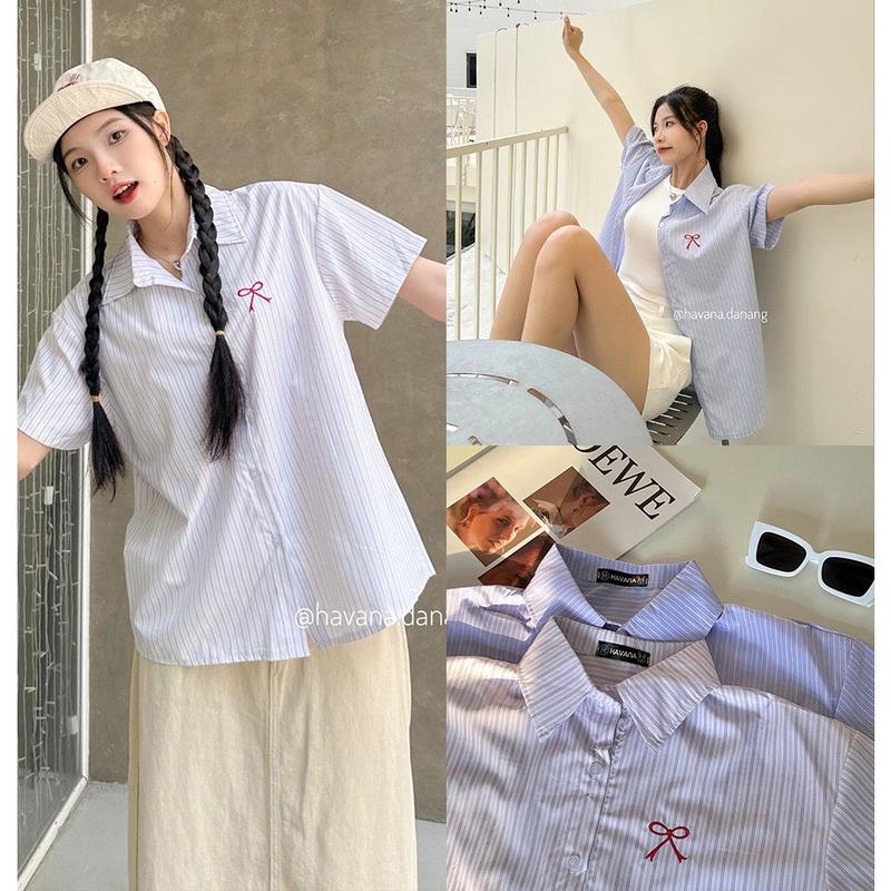 Áo sơ mi kẻ sọc ngắn tay thêu nơ đỏ phong cách ulzzang HAVANA AO301