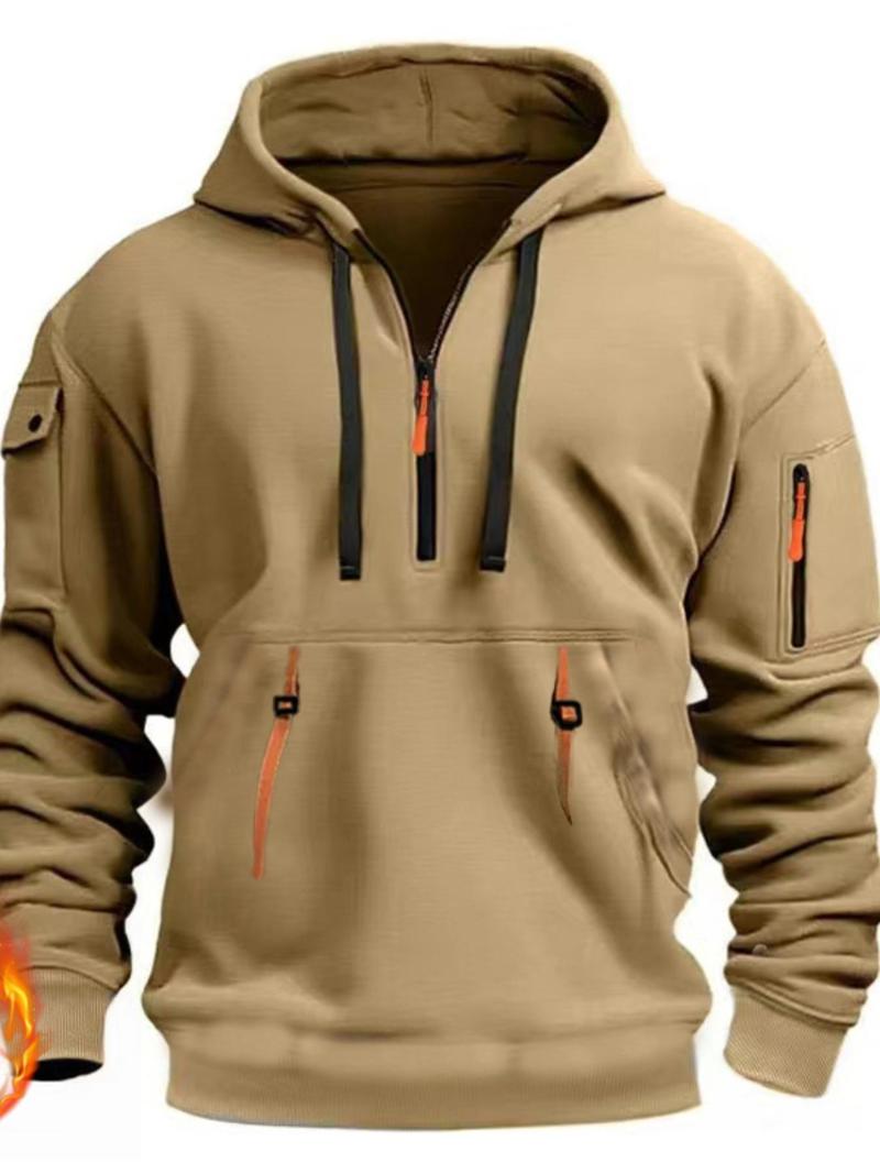 Product Introduction of Men's Colorblock Half Zipper Hoodie Top, Casual Regular Fit Long Sleeve Drawstring Pocket Hooded Top for Spring & Fall, Fashion Men's Clothes for Daily Wear 4