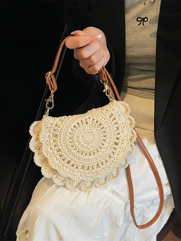 Women's Solid Color Straw Bag, Fashionable Hollow Out Crochet Design Crossbody Bag for Daily Used, Casual Trendy Versatile High-quality Daily Commuting Bag 2