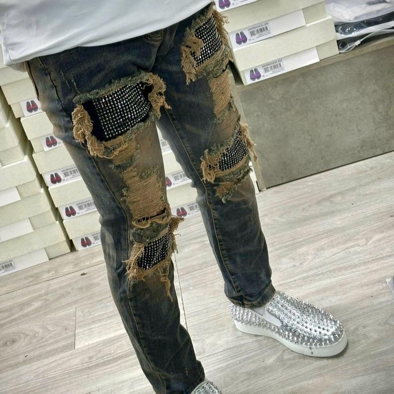 Quần bò nam ống côn màu bẩn rách đính đá AM 4 cúc Menswear Pants