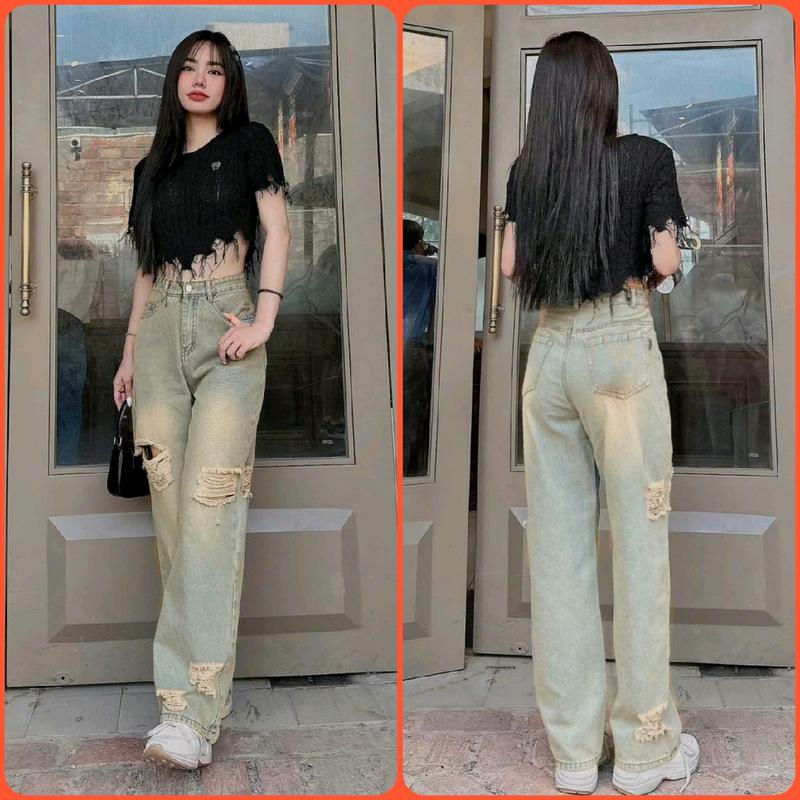 Quần jeans suông nữ lưng cao rách bụi dơ cá tính dài 103cm chất jean mềm đẹp không giản 5578