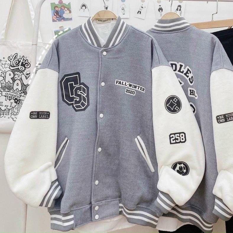 Áo khoác bomber nam nữ in GS, áo khoác nỉ varsity jacket form rộng phối nút 2 màu cực hot