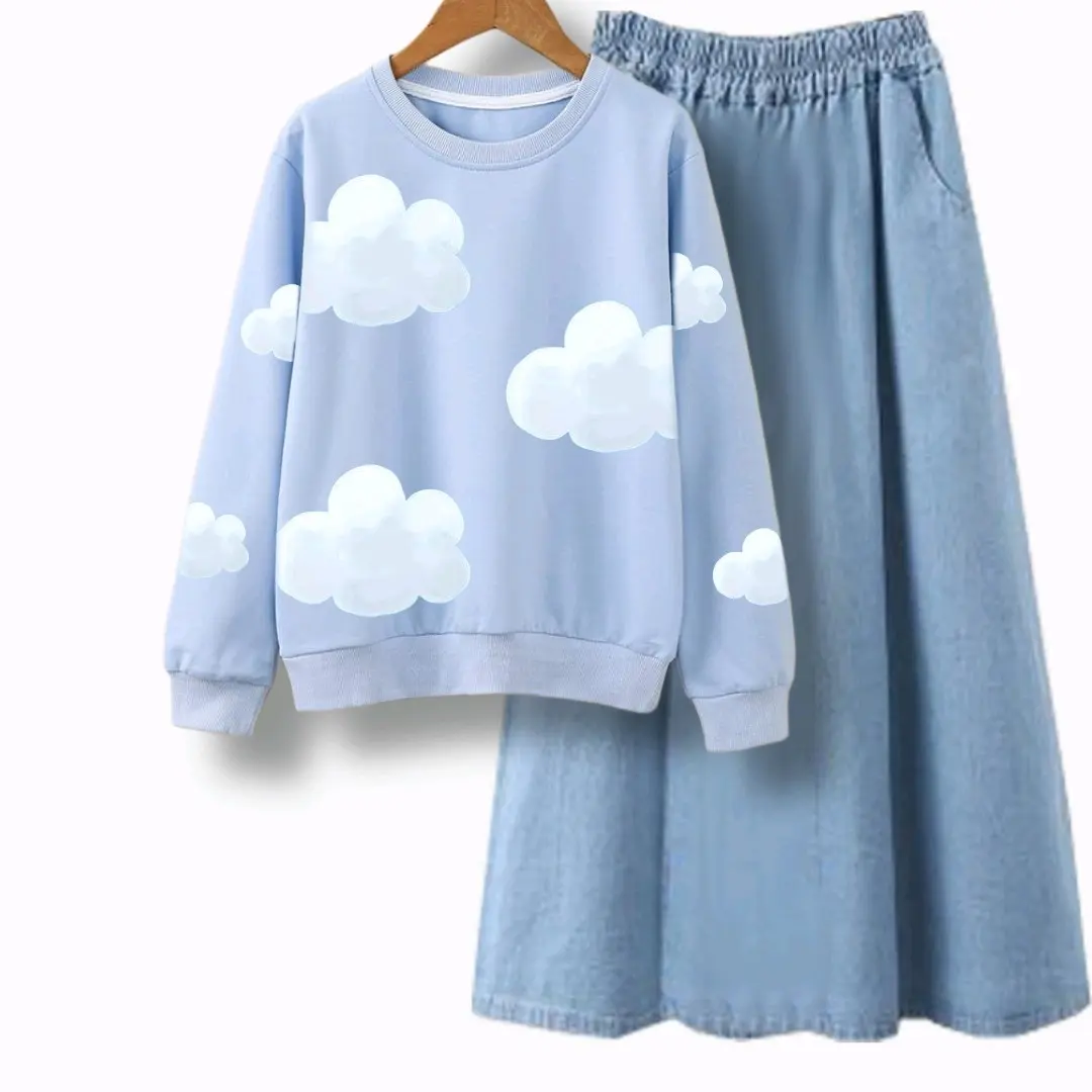 Sweater anak remaja perempuan cloud awal / Setelan celana / rok soft jeans Fashion