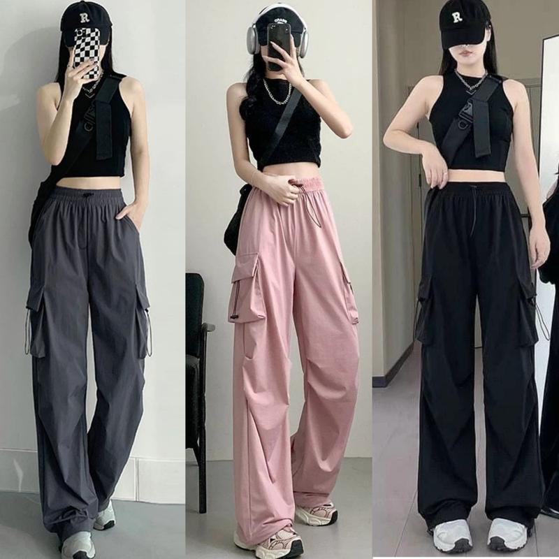 Quần jogger ống rộng Túi hộp Vải KaKi cạp chun dây rút dáng suông dài Quần túi hộp ống rộng lưng cao bo gấu co giãn màu Đen kem hồng ghi Đẹp Sport Gym Tập Gym quần tuihop