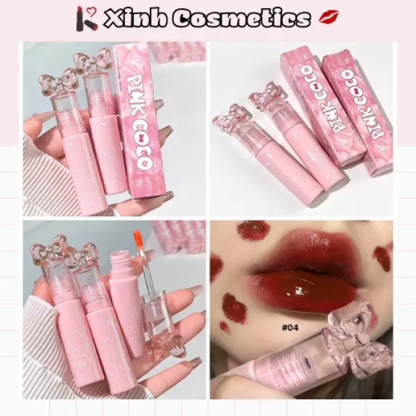 Son tint bóng PINKCOCO nơ vỏ hồng CÓ ẢNH THẬT SHOP CHỤP dưỡng ẩm không khô môi