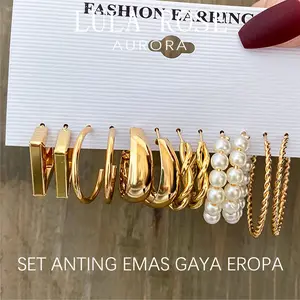 LULA ROSE Anting Emas Wanita Set Gaya Korea｜Hoop & Mutiara