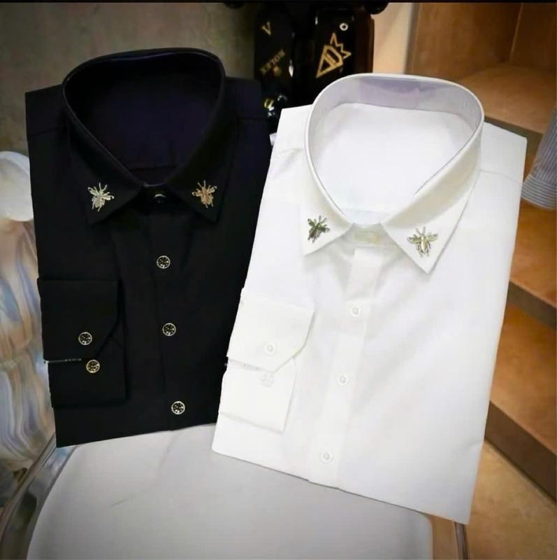 Áo sơ mi lụa nam tay dài cổ gắn ong vàng màu trắng đen cao cấp-BUNZ STORE Menswear shirt