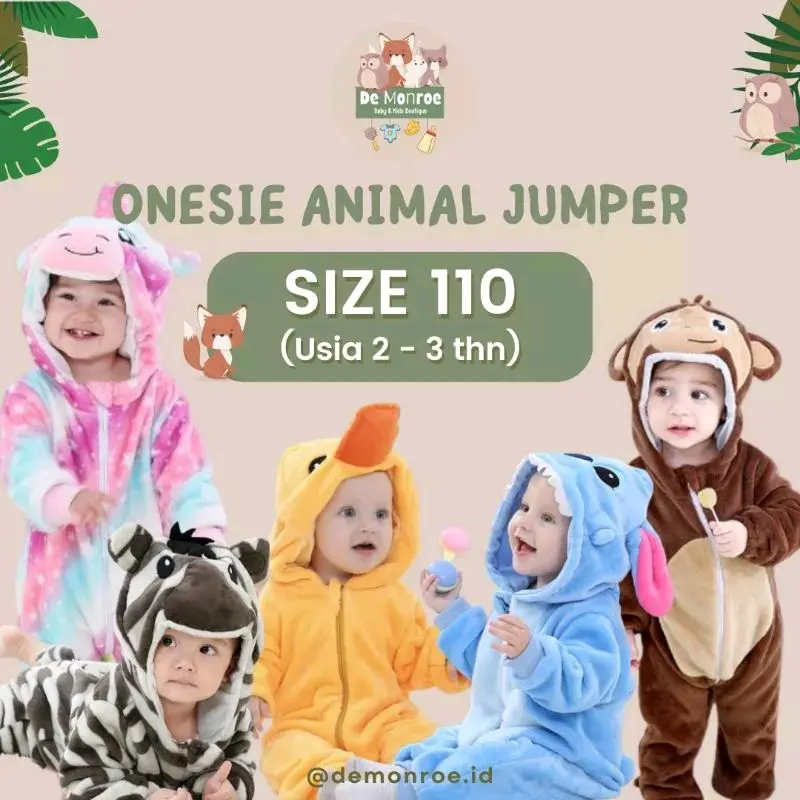 Size 110 ( 24-30 Bulan ) GROSIR MURAH De Monroe Baju Bayi dan Anak Baju Tidur Kostum Bayi Binatang Jumper Animal Romper Onesie Cewek Cowok Kids