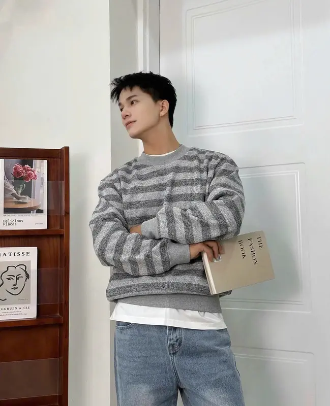 Áo sweater KẺ lông cáo, Áo ép lông striper unisex nam nữ  Menswear AN222 Pi Studio 6