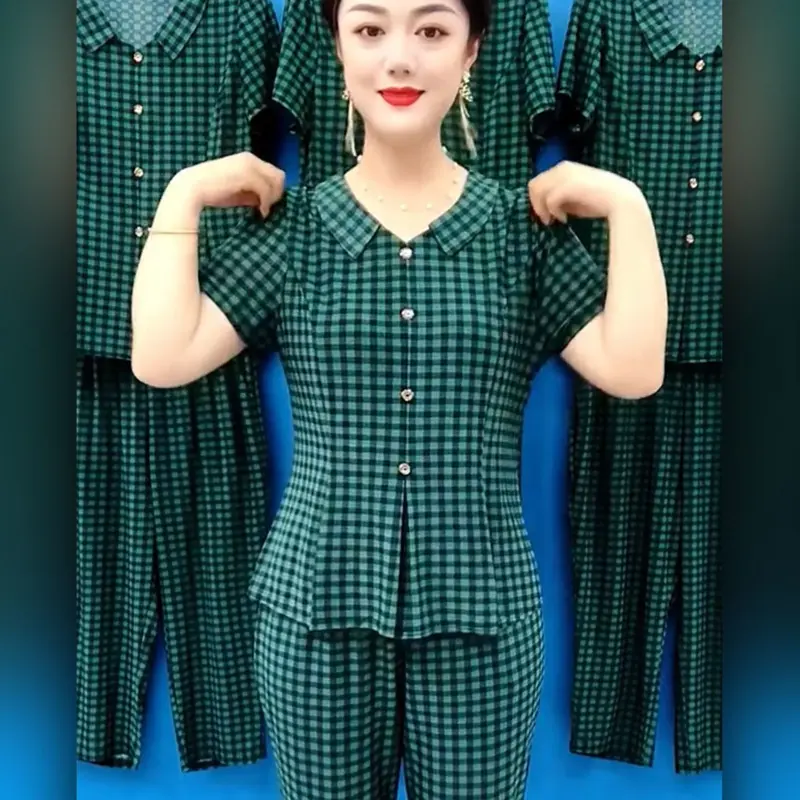 Quần Áo Mùa Hè Cho Mẹ, Bộ Đồ Hai Mảnh ngắn Tay, Bộ Đồ Nữ Trung Người Già Và Cao Tuổi, Bộ Áo Phông Cổ Tròn, Áo Sơ Mi Nhỏ Dáng Rộng Vừa Vặn, Thích Hợp Cho Phụ Nữ 50 Đến 60 Tuổi, Phong Cách Y2g 1