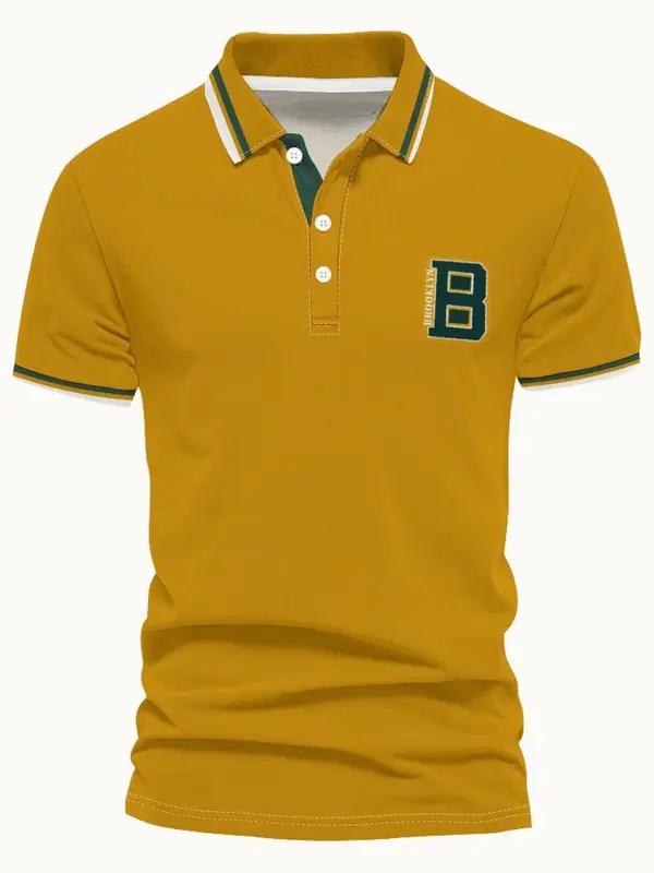 Men's Regular Fit Letter Print Stripe Trim  Polo Shirt, Casual Short Sleeve Half Zip Up Collar Top for Summer, Fashion Men's Clothes for Daily Wear, Tropical 5