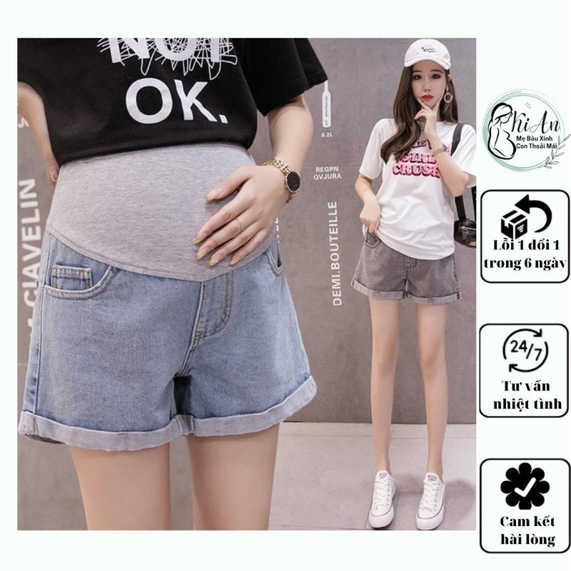 Quần sooc bầu Ki An️ quần bầu chất jean đẹp co giãn mặc bầu thỏa mái️ quần đùi bầu có chun chỉnh️, quần bầu size s~ 2xl QB104 L Green Váy Bầu Đầm Bầu