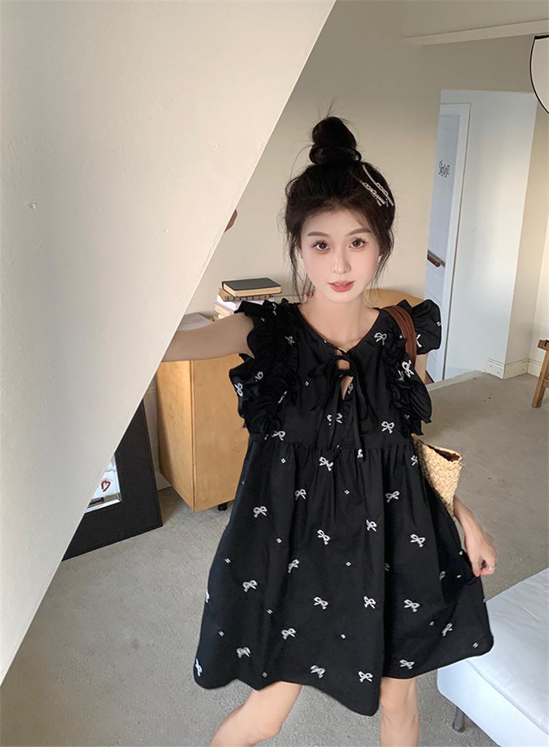 Product Introduction of JLYDQ*Sweet doll skirt with small flying sleeves, black dress for women in summer, loose ruffled hem, belly covering, short skirt, cute jumpsuit, short skirt 12